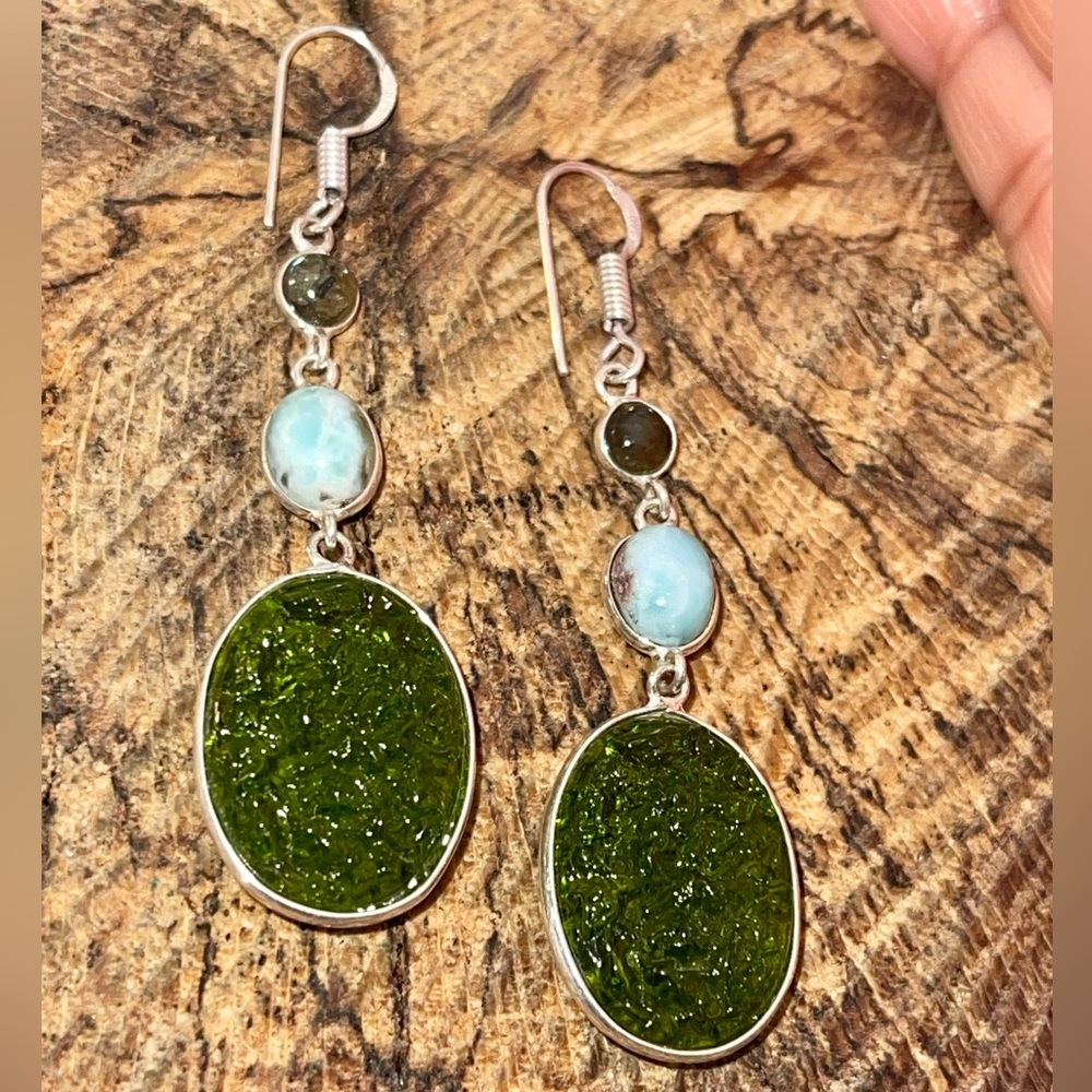 Labradorite & Caribbean Larimar Earrings 2 1/2” - Picture 6 of 10